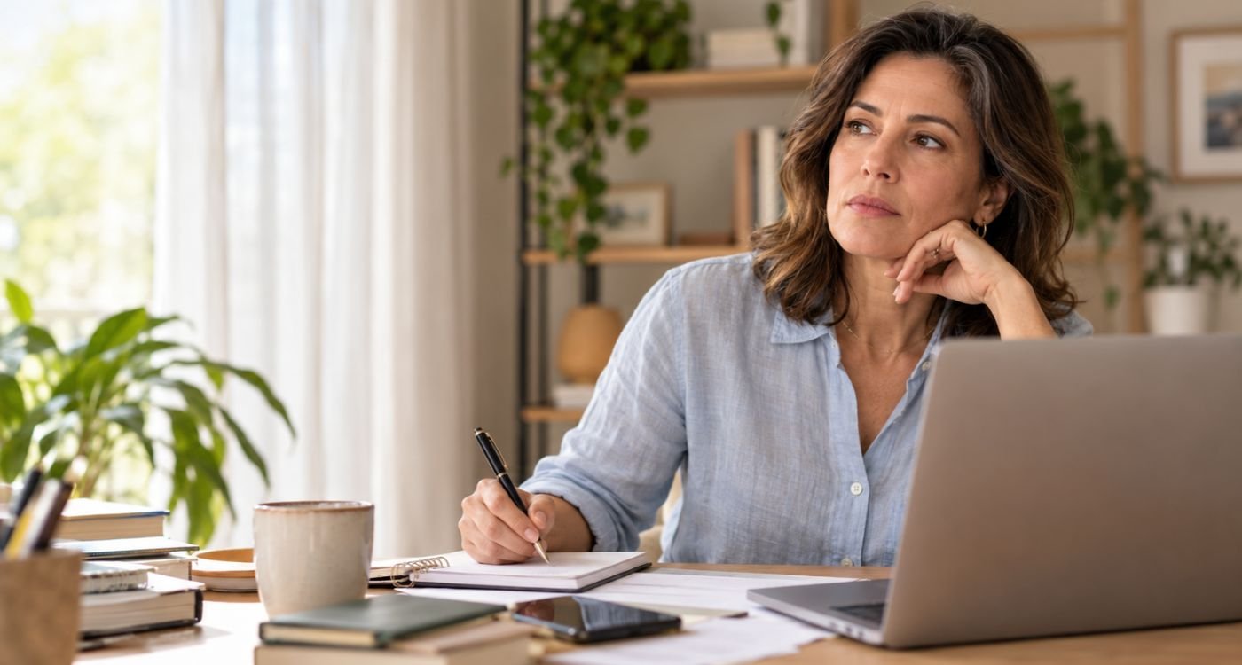 Mulher 45+ com dificuldade de atenção na menopausa durante uma atividade de trabalho.
