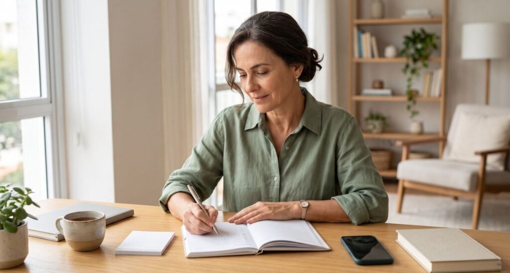 Mulher na perimenopausa organizando tarefas para melhorar a atenção na menopausa e reduzir a sobrecarga mental.