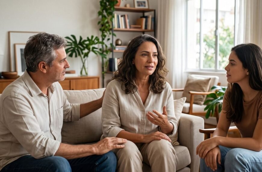 Mulher conversando com a família sobre como falar sobre menopausa e receber apoio durante o climatério.
