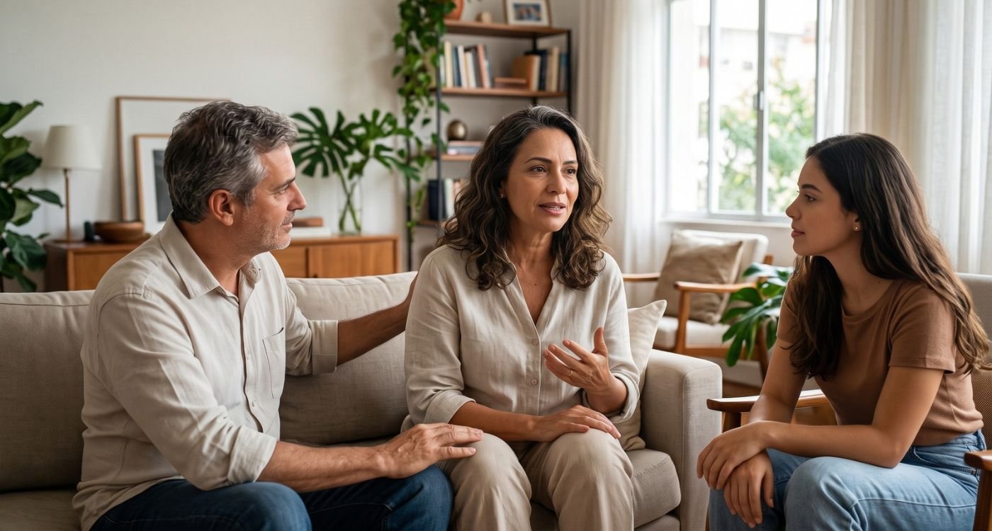 Mulher conversando com a família sobre como falar sobre menopausa e receber apoio durante o climatério.