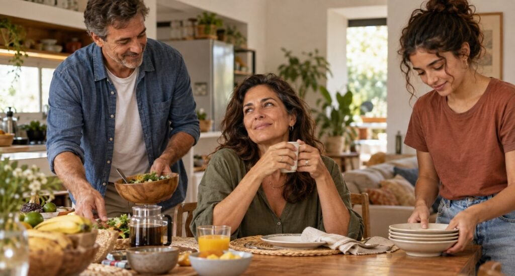 Família reunida em diálogo acolhedor sobre como falar sobre menopausa e saúde mental.