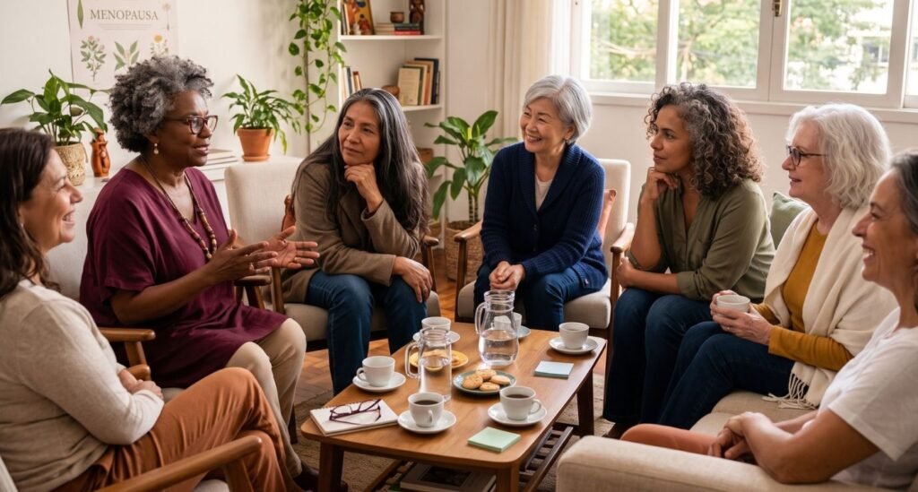 Mulheres 40+ e 50+ reunidas no Dia Mundial da Menopausa em uma representação de acolhimento, escuta e cuidado.