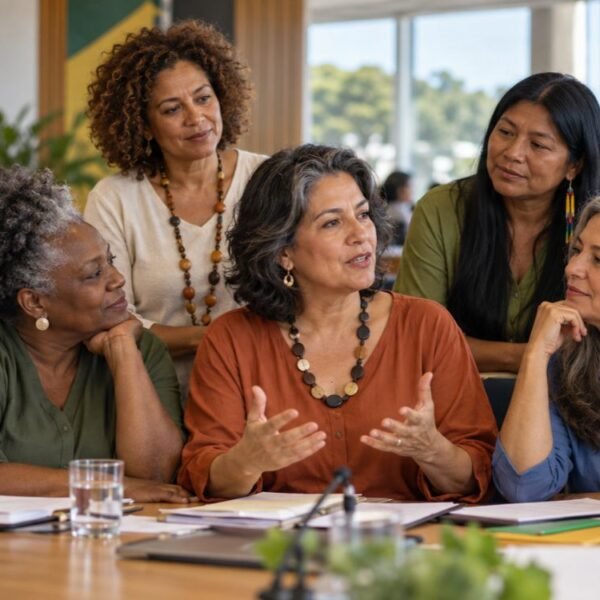 Mulheres 40+ de diferentes perfis conversando sobre direitos na menopausa no Brasil.