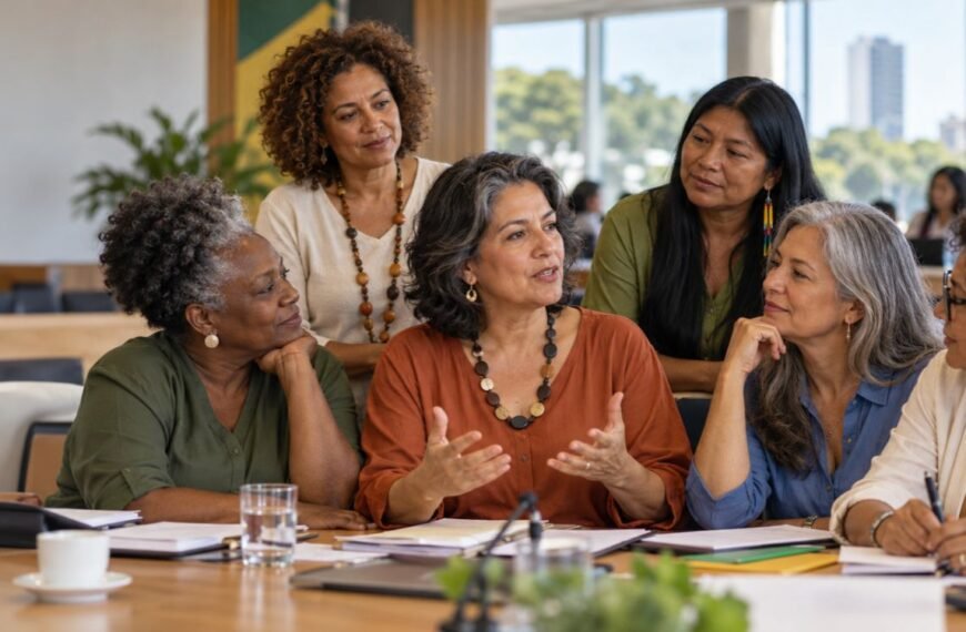 Mulheres 40+ de diferentes perfis conversando sobre direitos na menopausa no Brasil.