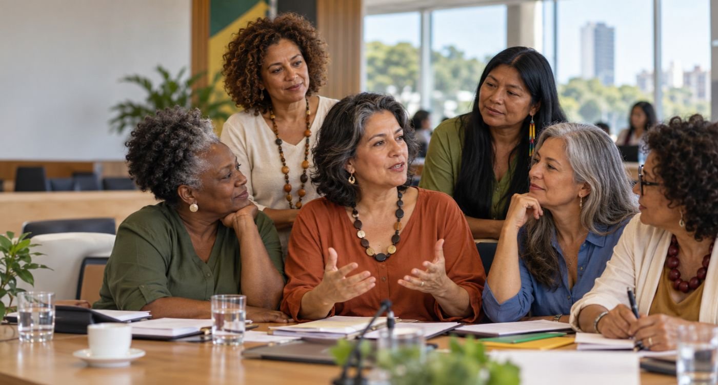 Mulheres 40+ de diferentes perfis conversando sobre direitos na menopausa no Brasil.