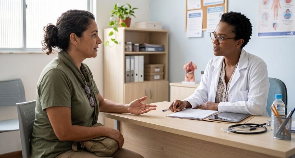 Mulher 50+ recebendo orientação em unidade de saúde sobre direitos na menopausa e atendimento no SUS.