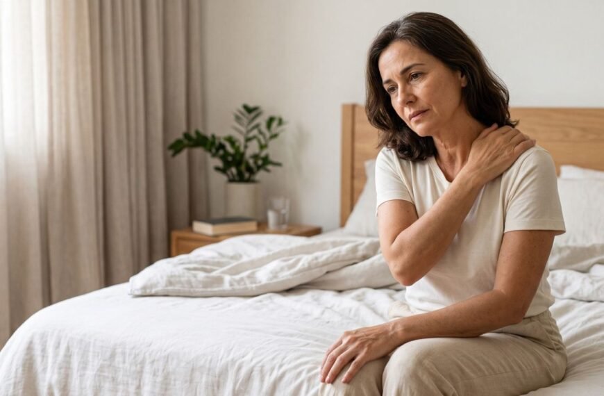 Mulher de 52 anos sentada na cama, massageando o ombro com expressão de desconforto, representando dor no corpo na menopausa.