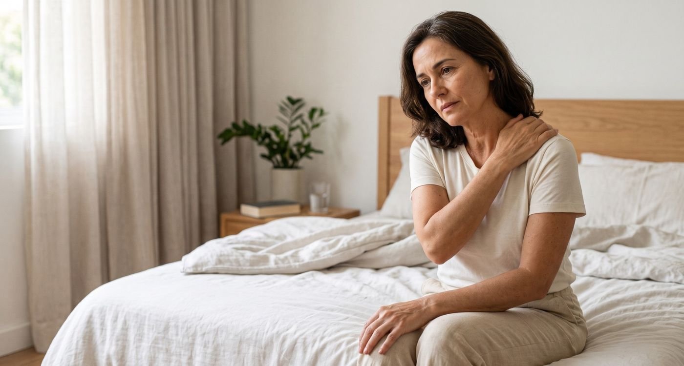 Mulher de 52 anos sentada na cama, massageando o ombro com expressão de desconforto, representando dor no corpo na menopausa.