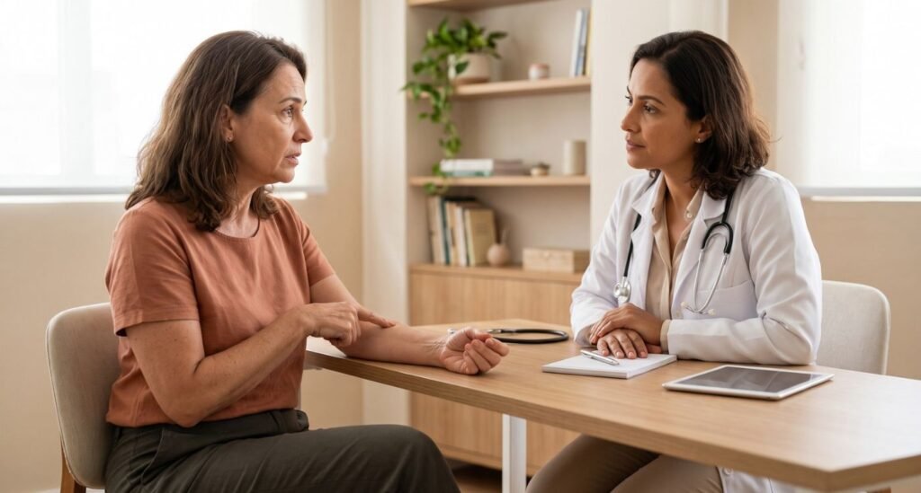Mulher de 53 anos conversa com médica durante consulta para investigar dor no corpo na menopausa e compreender possíveis causas dos sintomas.