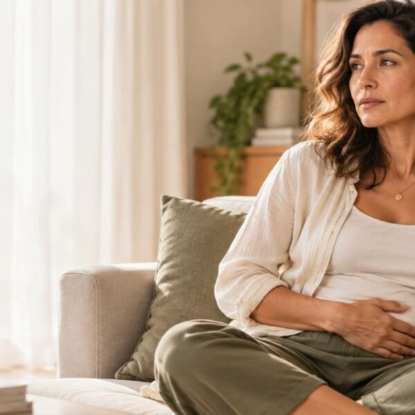 mulher 45+ sentada confortável em poltrona, sentindo dor e desconforto da endometriose na perimenopausa