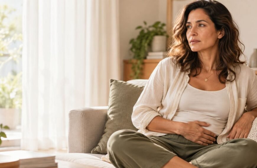 mulher 45+ sentada confortável em poltrona, sentindo dor e desconforto da endometriose na perimenopausa