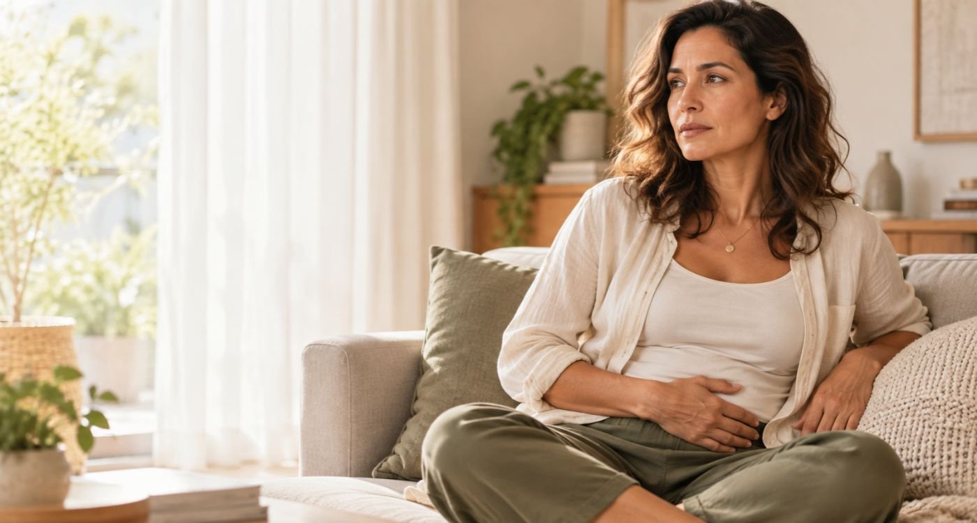 mulher 45+ sentada confortável em poltrona, sentindo dor e desconforto da endometriose na perimenopausa