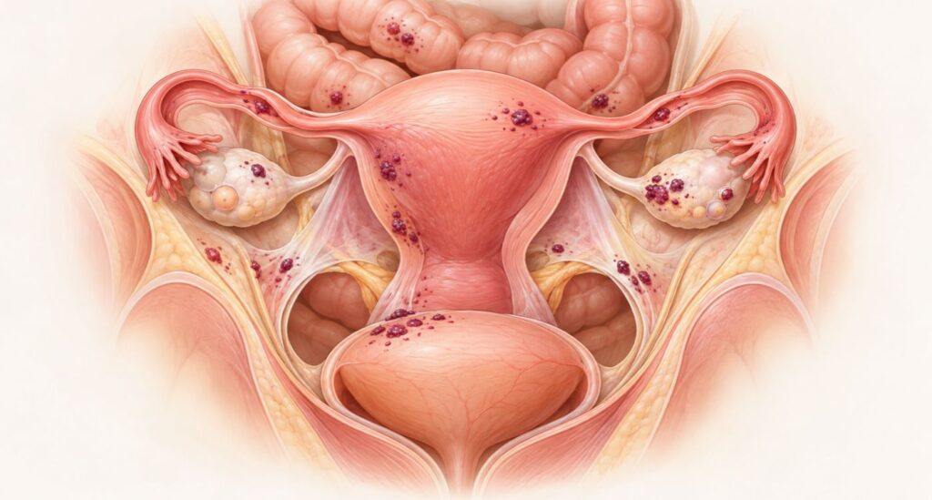 Ilustração da pelve feminina representando endometriose na perimenopausa.