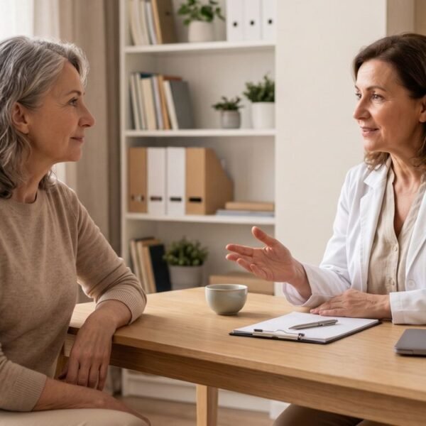 Mulher 50+ conversando com ginecologista sobre segurança e uso do estrogênio vaginal.