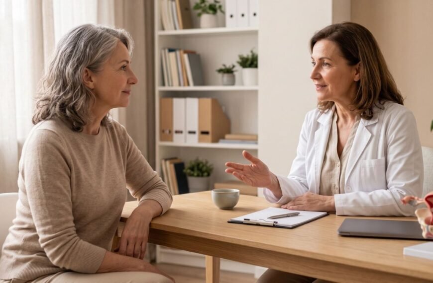 Mulher 50+ conversando com ginecologista sobre segurança e uso do estrogênio vaginal.