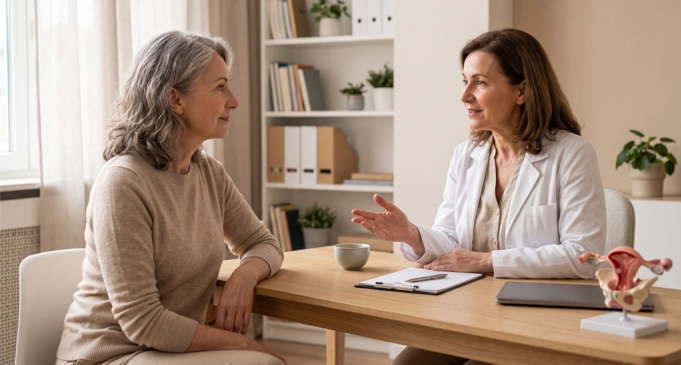 Mulher 50+ conversando com ginecologista sobre segurança e uso do estrogênio vaginal.