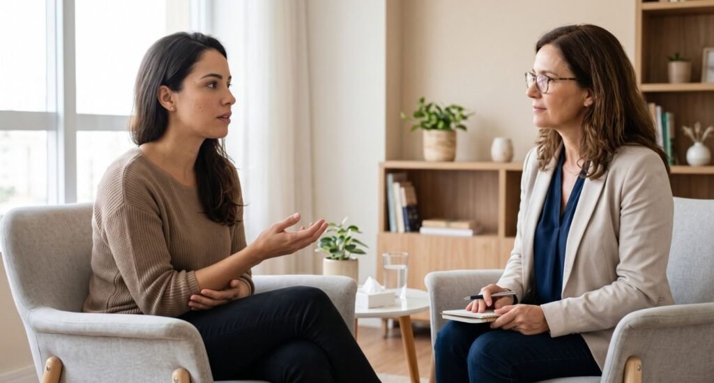 Mulher jovem recebendo apoio profissional para o impacto emocional da insuficiência ovariana prematura.