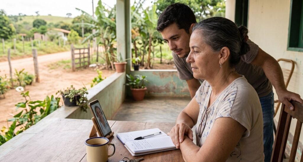 Mulher durante consulta online sobre menopausa no meio rural e acesso à saúde.