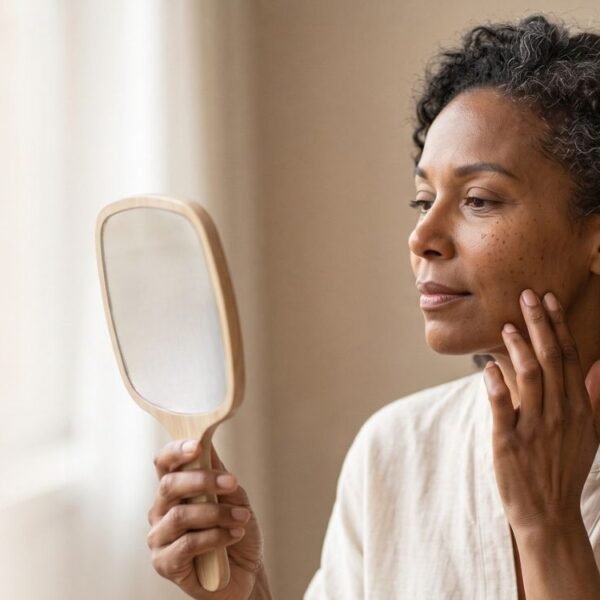 Mulher negra observa mudanças na pele após os 40 durante a perimenopausa.