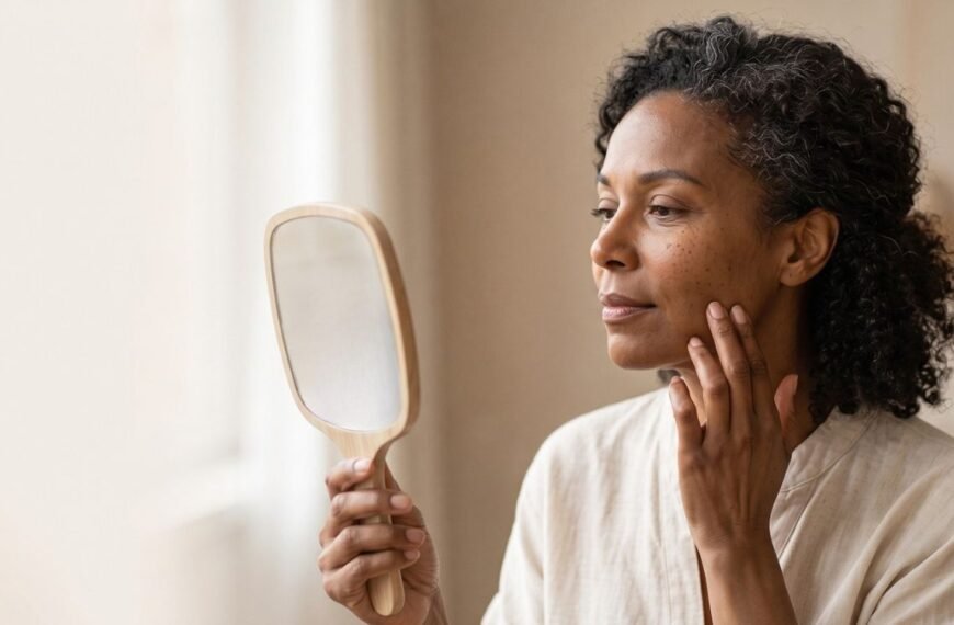 Mulher negra observa mudanças na pele após os 40 durante a perimenopausa.