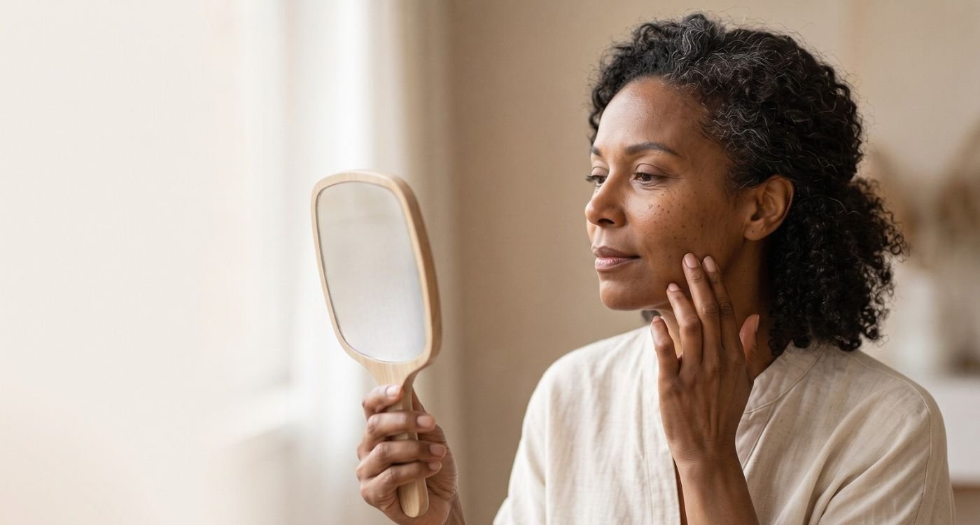 Mulher negra observa mudanças na pele após os 40 durante a perimenopausa.