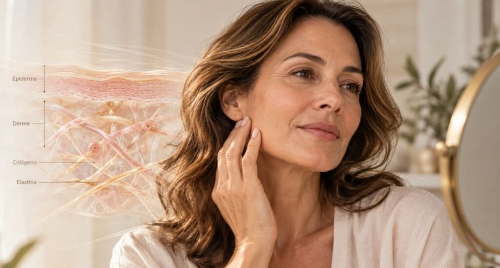 Mulher observando as mudanças na pele após os 40 durante a perimenopausa.