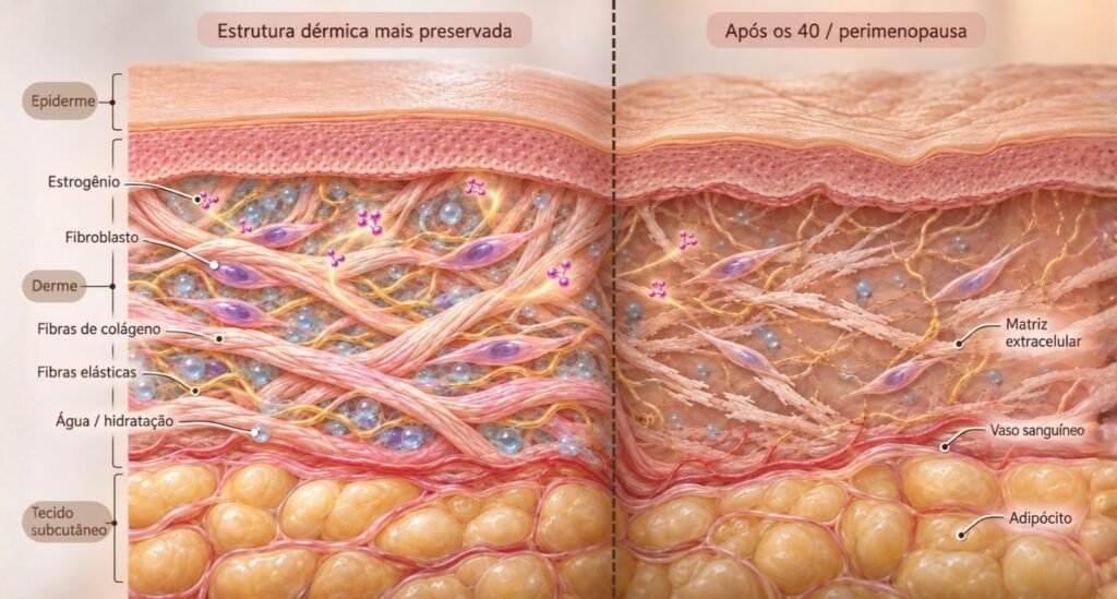 Estrutura da pele após os 40 mostrando redução de colágeno e elastina na perimenopausa.