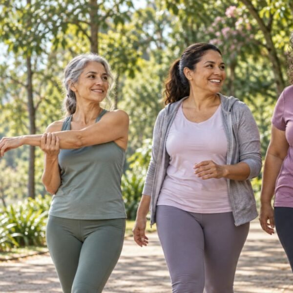 Mulheres 40+ com diferentes corpos representam prevenção da obesidade na menopausa sem estigma.