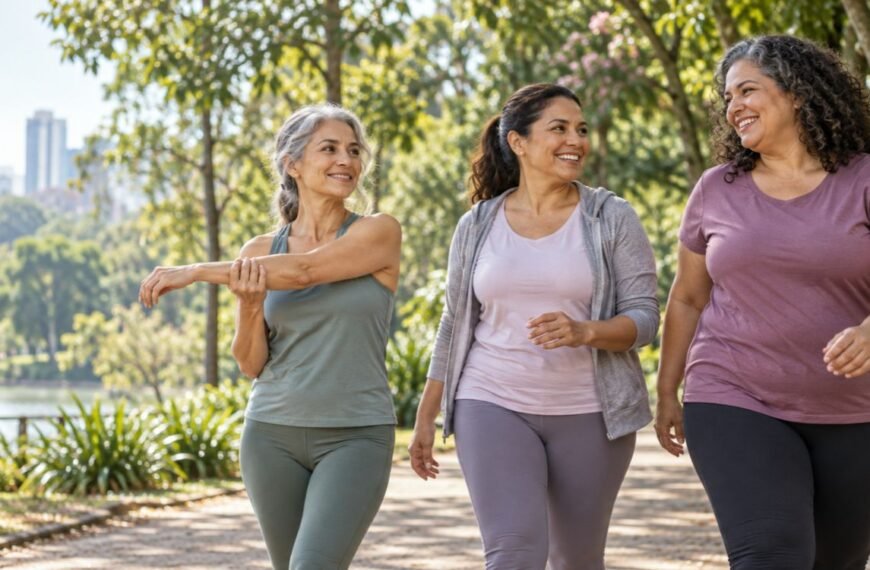 Mulheres 40+ com diferentes corpos representam prevenção da obesidade na menopausa sem estigma.