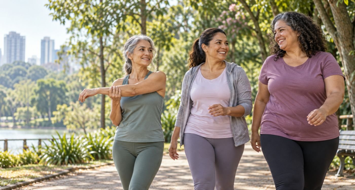 Mulheres 40+ com diferentes corpos representam prevenção da obesidade na menopausa sem estigma.