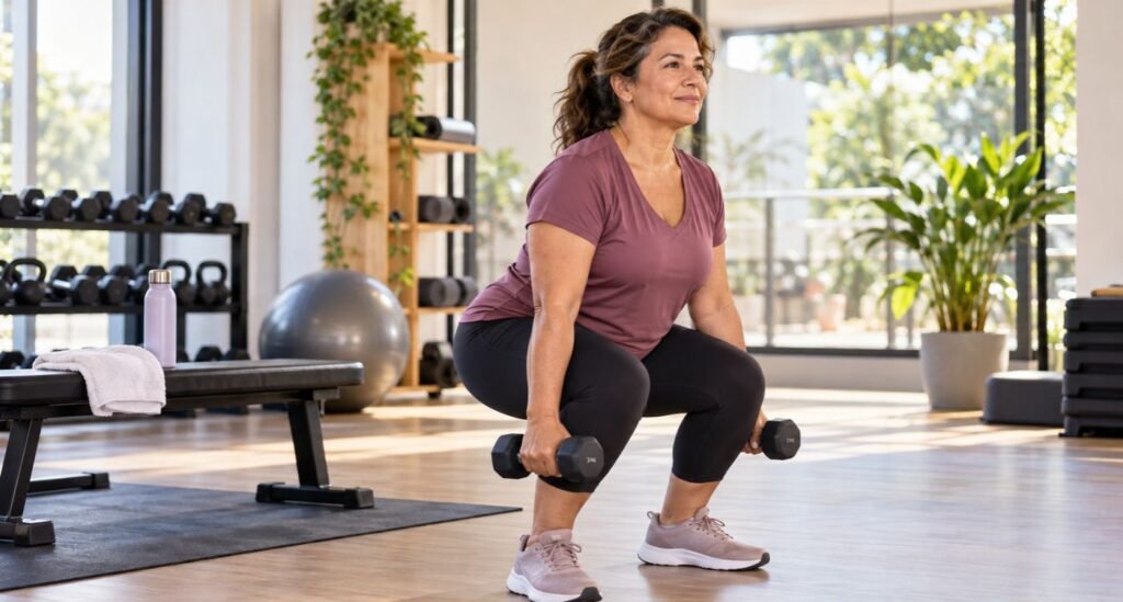 Mulher 50+ pratica exercício de força para prevenir obesidade na menopausa e preservar massa muscular.