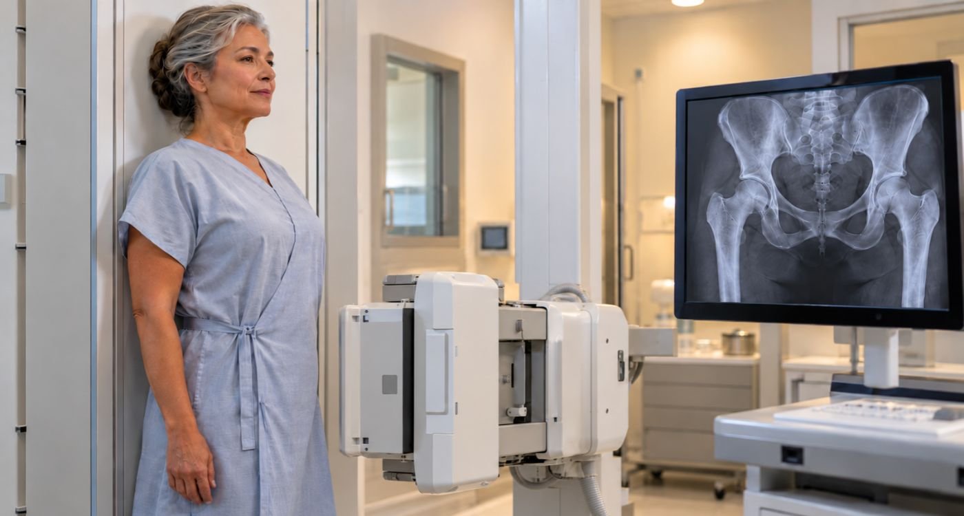 Mulher 50+ cuidando da saúde óssea após diagnóstico de osteopenia na menopausa.