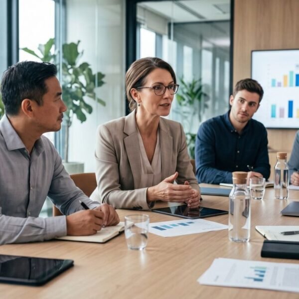 Políticas de menopausa discutidas por mulheres 40+ e lideranças em ambiente corporativo.