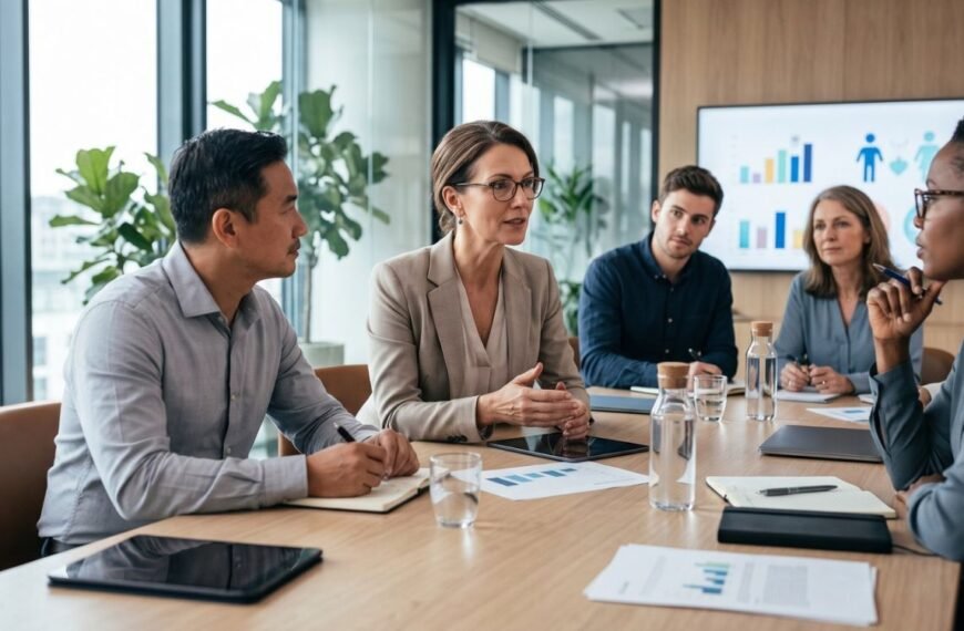 Políticas de menopausa discutidas por mulheres 40+ e lideranças em ambiente corporativo.