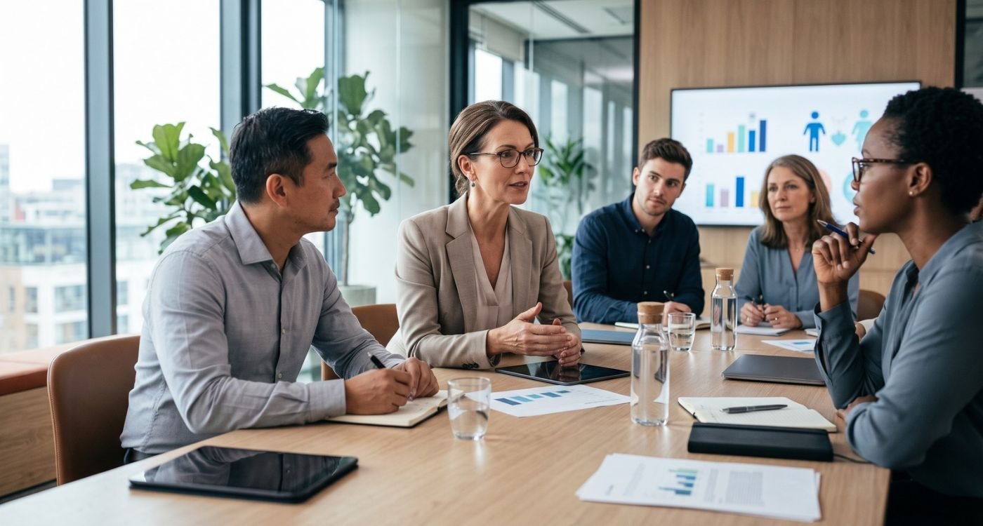 Políticas de menopausa discutidas por mulheres 40+ e lideranças em ambiente corporativo.