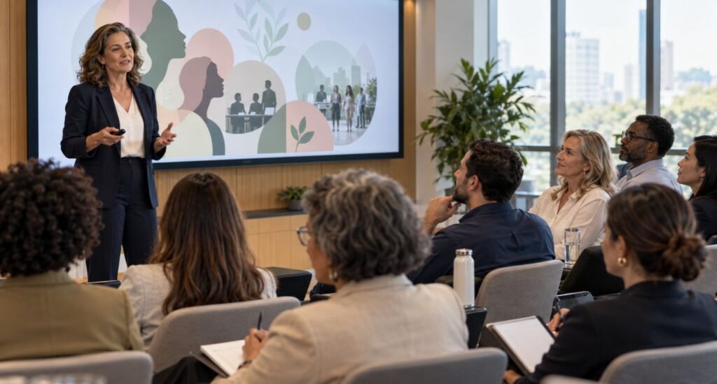 Políticas de menopausa começando com palestra educativa para colaboradores e lideranças em uma empresa.