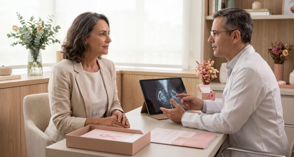 Mulher 50+ conversa com médica sobre saúde das mamas na menopausa em consulta preventiva durante o Outubro Rosa.