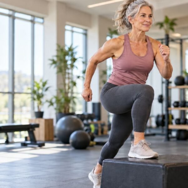 Mulher 50+ realizando treino de potência na menopausa com supervisão profissional em academia.