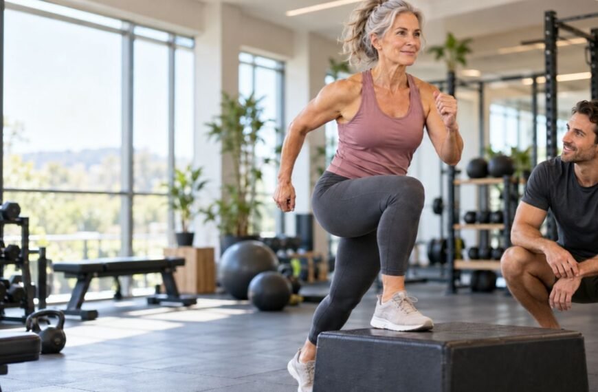Mulher 50+ realizando treino de potência na menopausa com supervisão profissional em academia.