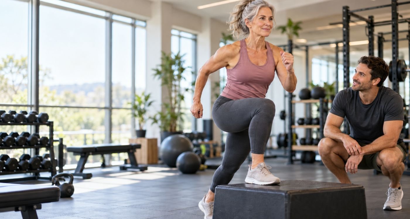 Mulher 50+ realizando treino de potência na menopausa com supervisão profissional em academia.