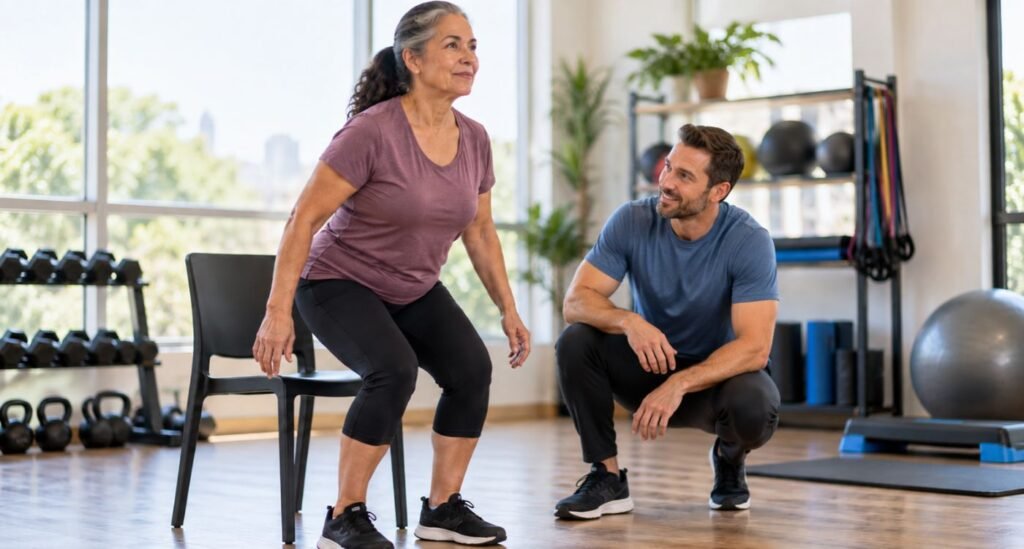 Mulher realizando treino de potência na menopausa ao levantar rapidamente de uma cadeira com supervisão profissional.