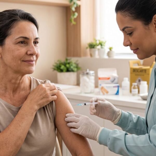 vacinas depois dos 40: Mulher de 50 anos preparando o braço para tomar vacina com enfermeira ao lado