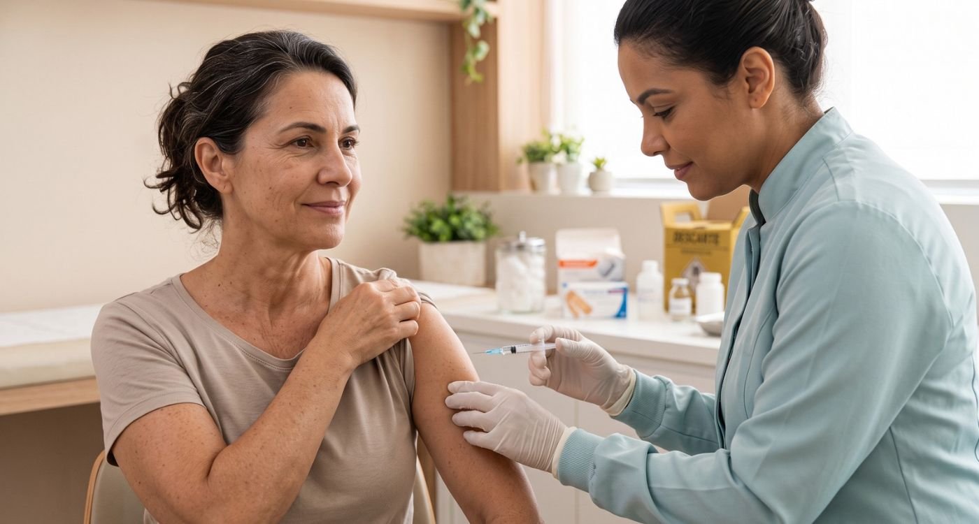 vacinas depois dos 40: Mulher de 50 anos preparando o braço para tomar vacina com enfermeira ao lado