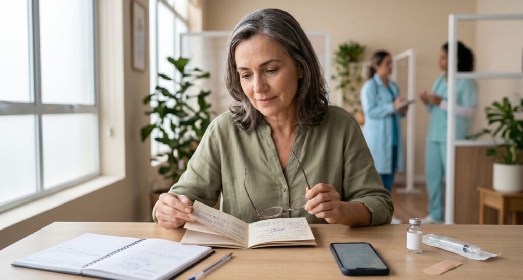 Mulher revisando a carteira de vacinas depois dos 40.